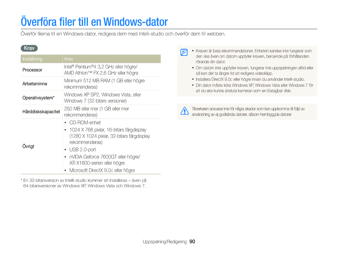 Samsung EC-ST66ZZFPRE2, EC-ST76ZZFPWE2, EC-ST76ZZBPRE2 manual Överföra ﬁler till en Windows-dator, Inställning Krav 