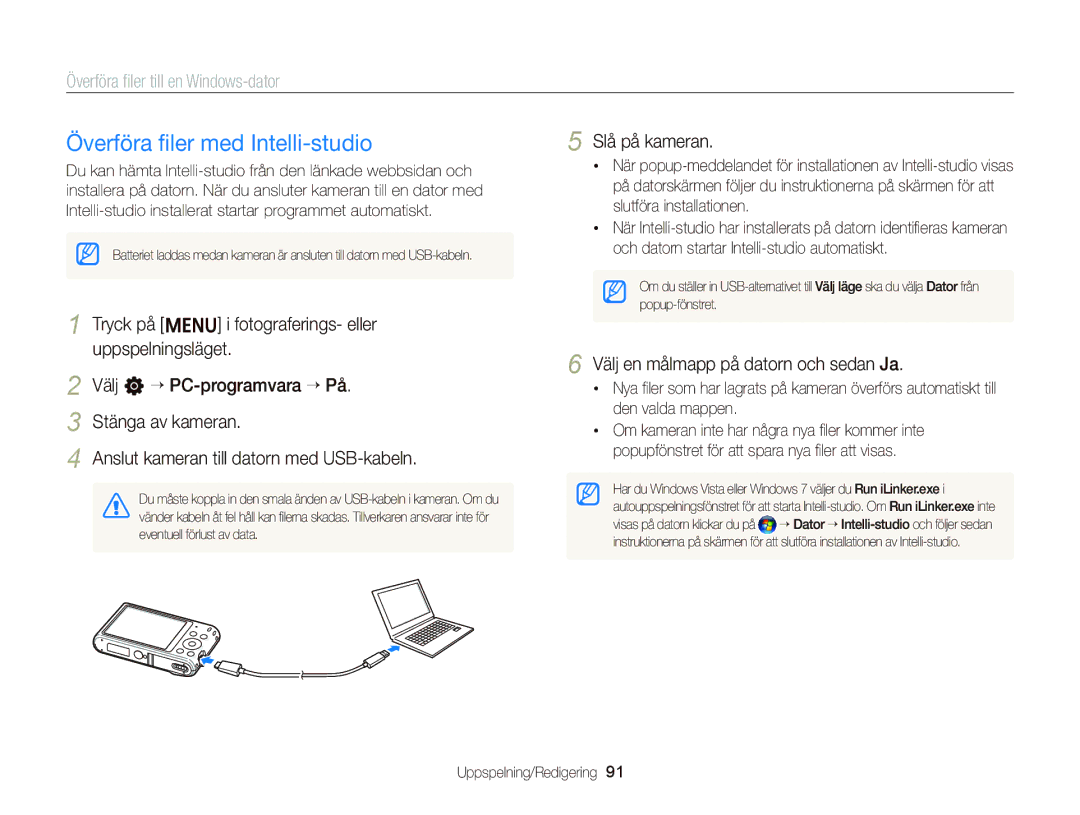 Samsung EC-ST76ZZBPSE2, EC-ST76ZZFPWE2 manual Överföra ﬁler med Intelli-studio, Överföra ﬁler till en Windows-dator 