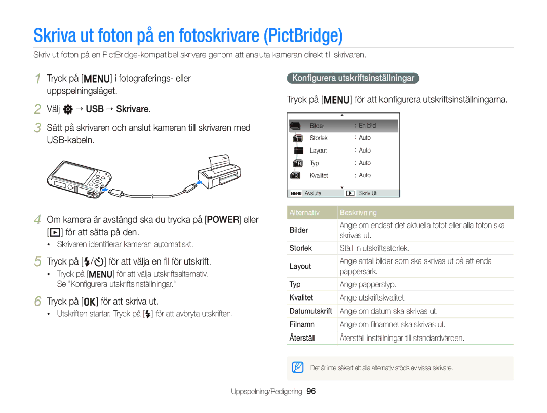 Samsung EC-ST66ZZFPSE2 manual Skriva ut foton på en fotoskrivare PictBridge, Tryck på F/t för att välja en ﬁl för utskrift 