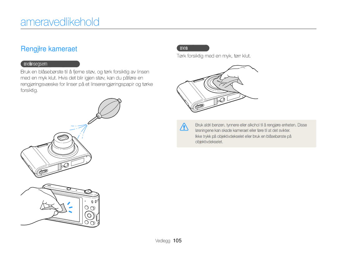 Samsung EC-ST66ZZBPRE2, EC-ST76ZZFPWE2 manual Kameravedlikehold, Rengjøre kameraet, Kameralinse og skjerm, Kamerahus 