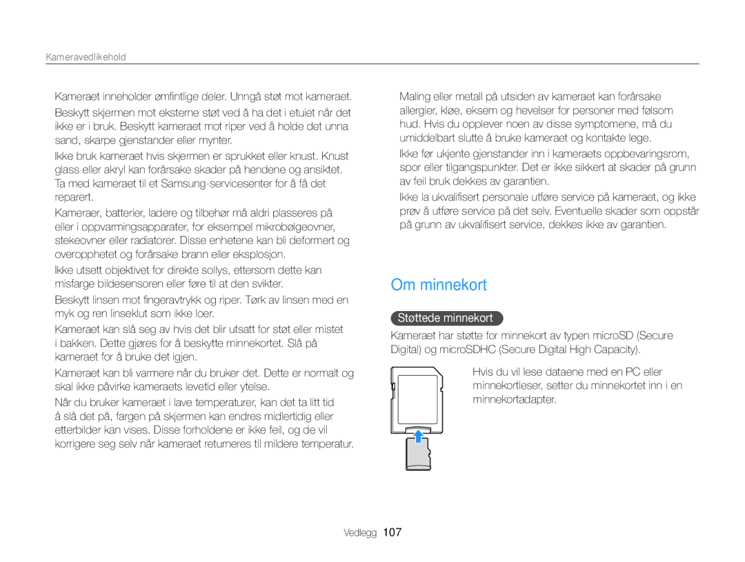 Samsung EC-ST66ZZFPRE2, EC-ST76ZZFPWE2, EC-ST76ZZBPRE2, EC-ST66ZZBPPE2, EC-ST66ZZFPPE2 manual Om minnekort, Støttede minnekort 