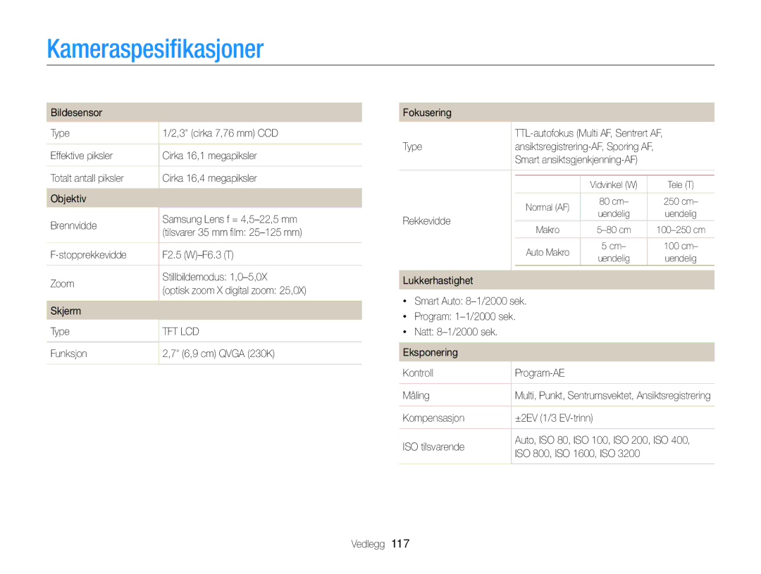 Samsung EC-ST76ZZBPLE2, EC-ST76ZZFPWE2 Kameraspesiﬁkasjoner, Rekkevidde, Kompensasjon ±2EV 1/3 EV-trinn ISO tilsvarende 