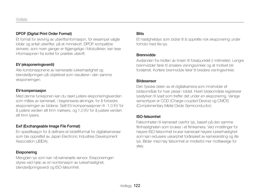 Samsung EC-ST66ZZBPRE2, EC-ST76ZZFPWE2, EC-ST76ZZBPRE2 manual Ordliste, Dpof Digital Print Order Format, Bildesensor 