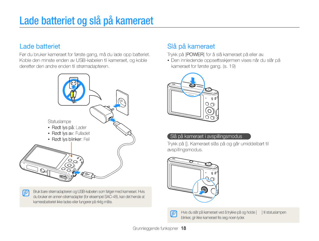 Samsung EC-ST66ZZBPPE2, EC-ST76ZZFPWE2 manual Lade batteriet og slå på kameraet, Slå på kameraet i avspillingsmodus 