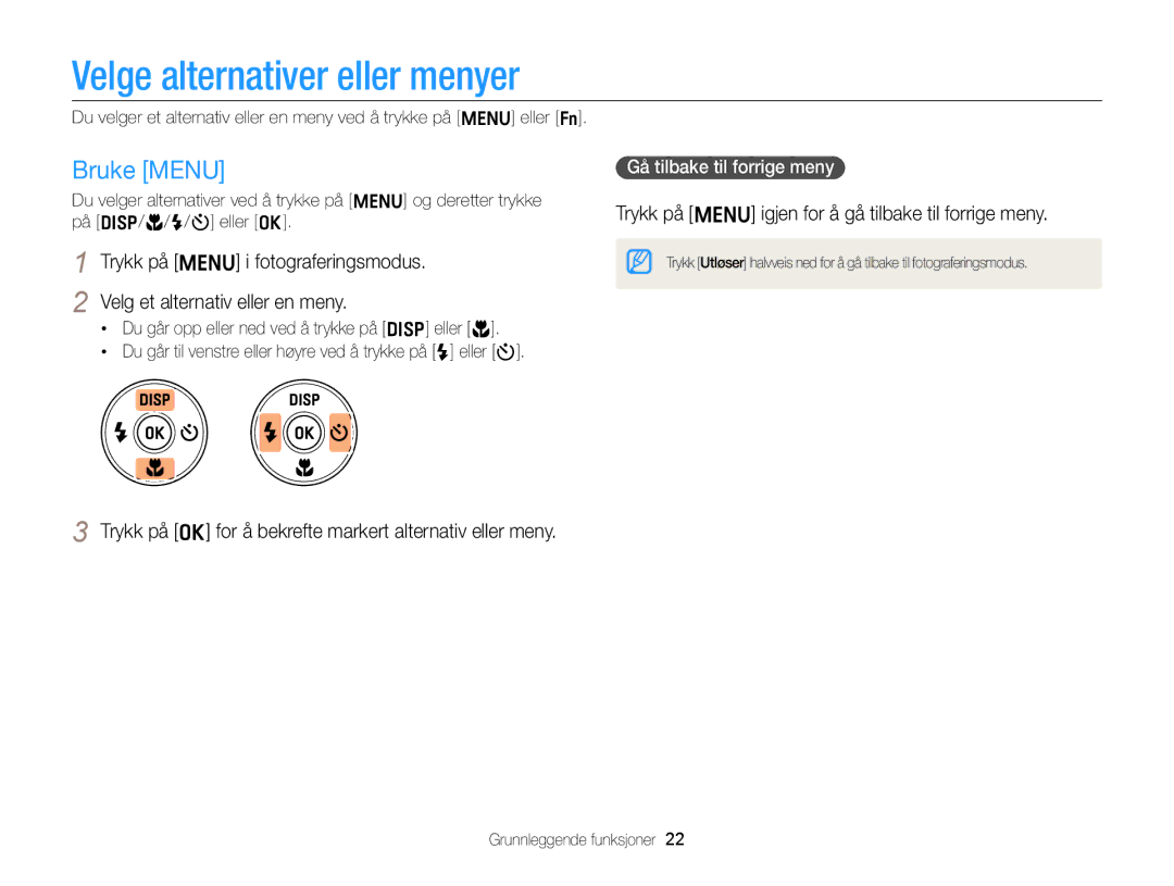 Samsung EC-ST66ZZFPRE2 Velge alternativer eller menyer, Bruke Menu, Trykk på m igjen for å gå tilbake til forrige meny 