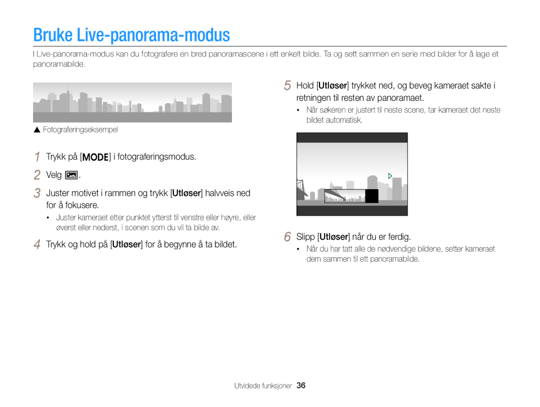 Samsung EC-ST66ZZFPPE2, EC-ST76ZZFPWE2, EC-ST76ZZBPRE2, EC-ST66ZZBPPE2, EC-ST66ZZBPRE2 manual Bruke Live-panorama-modus 