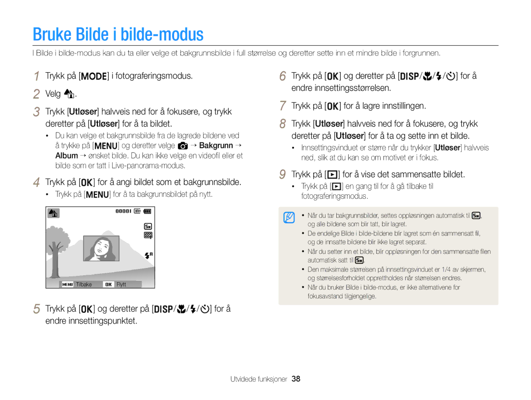 Samsung EC-ST66ZZFPBE2, EC-ST76ZZFPWE2 manual Bruke Bilde i bilde-modus, Trykk på o for å angi bildet som et bakgrunnsbilde 