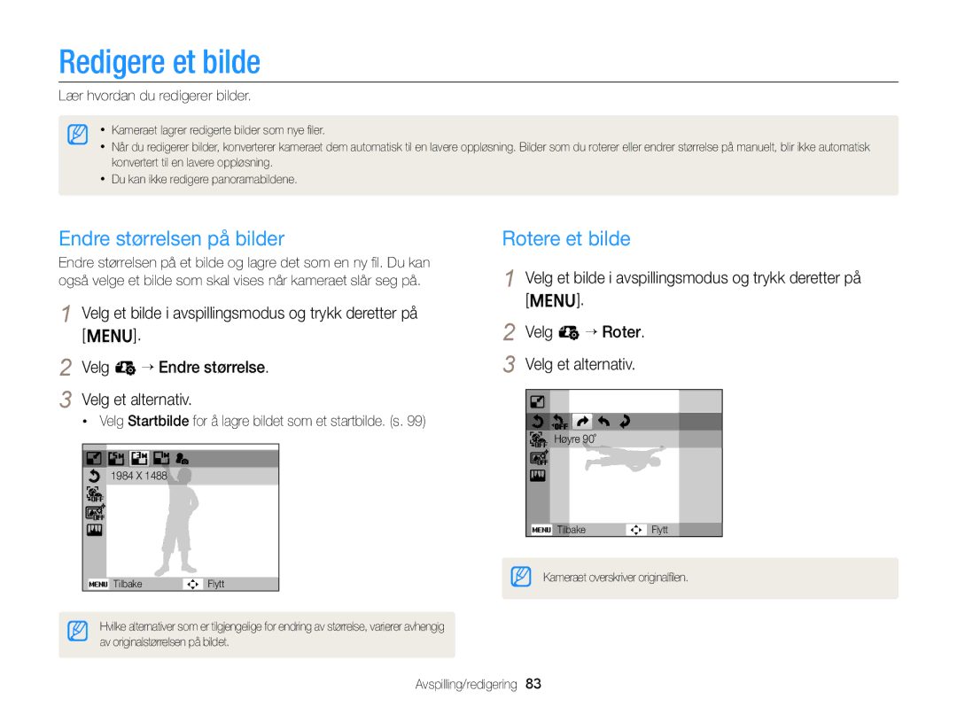 Samsung EC-ST76ZZBPLE2 Redigere et bilde, Endre størrelsen på bilder, Rotere et bilde, Lær hvordan du redigerer bilder 