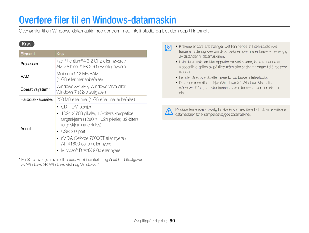 Samsung EC-ST66ZZFPRE2, EC-ST76ZZFPWE2, EC-ST76ZZBPRE2 manual Overføre ﬁler til en Windows-datamaskin, Element Krav 