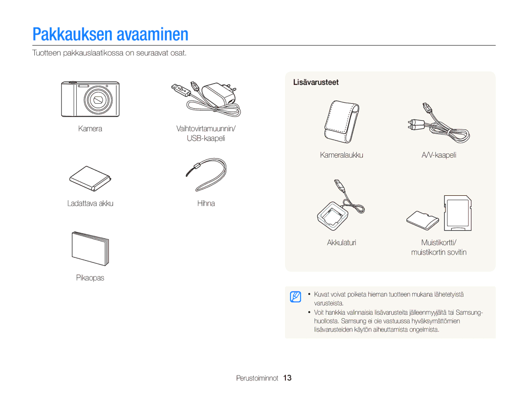 Samsung EC-ST76ZZBPWE2 manual Pakkauksen avaaminen, AkkulaturiMuistikortti/ muistikortin sovitin Pikaopas, Perustoiminnot 