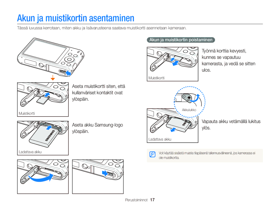 Samsung EC-ST76ZZBPRE2, EC-ST76ZZFPWE2, EC-ST66ZZBPPE2 Akun ja muistikortin asentaminen, Aseta akku Samsung-logo ylöspäin 