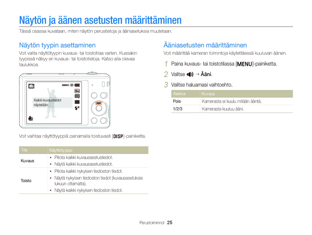 Samsung EC-ST76ZZBPBE2 Näytön ja äänen asetusten määrittäminen, Näytön tyypin asettaminen, Ääniasetusten määrittäminen 