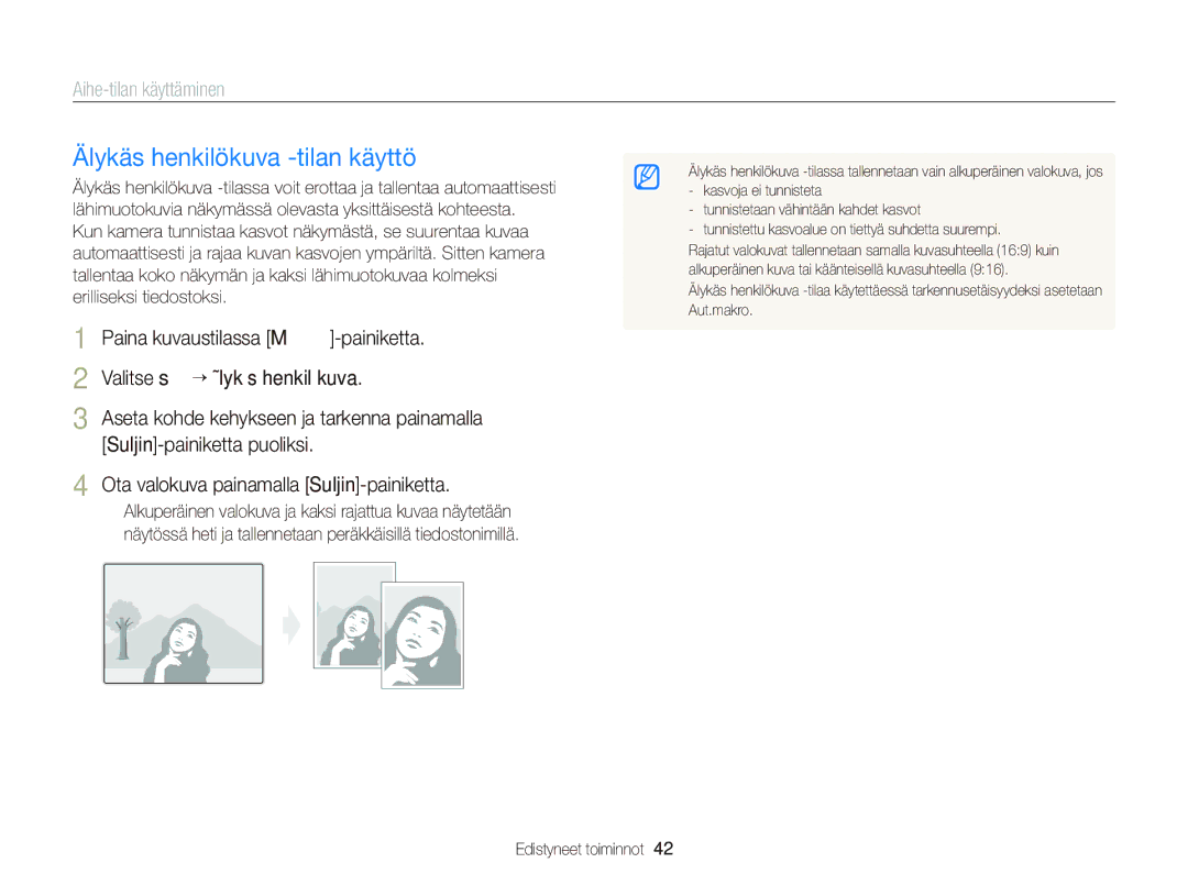 Samsung EC-ST76ZZBPBE2, EC-ST76ZZFPWE2, EC-ST76ZZBPRE2, EC-ST66ZZBPPE2, EC-ST66ZZFPPE2 manual Älykäs henkilökuva -tilan käyttö 