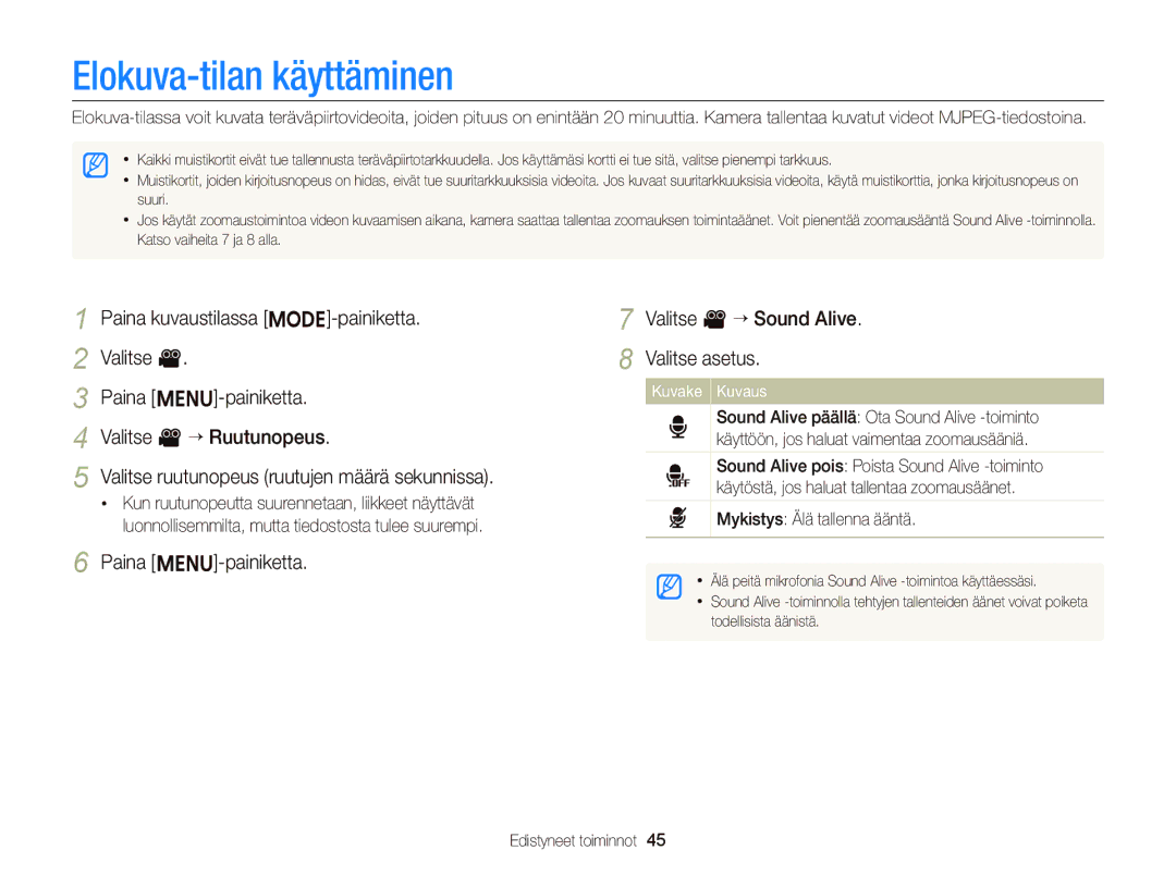 Samsung EC-ST66ZZFPSE2 manual Elokuva-tilan käyttäminen, Paina m-painiketta Valitse v “ Sound Alive Valitse asetus 