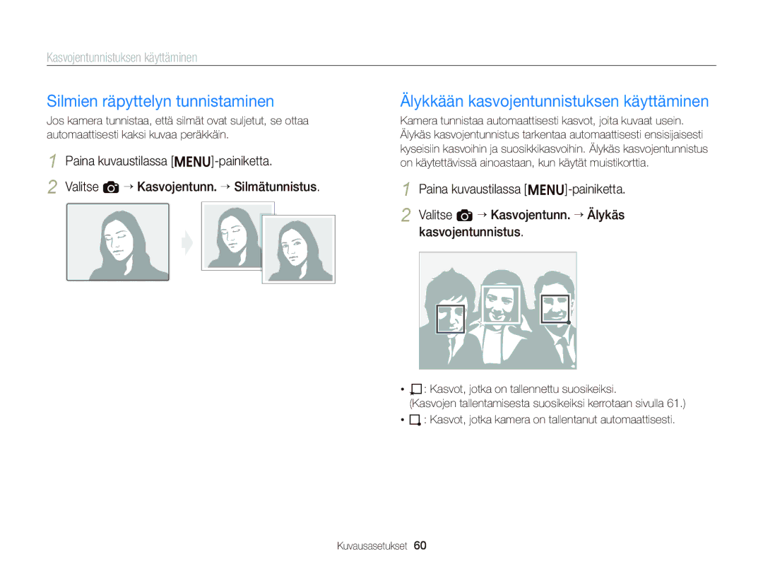 Samsung EC-ST66ZZBPUE2, EC-ST76ZZFPWE2 manual Silmien räpyttelyn tunnistaminen, Älykkään kasvojentunnistuksen käyttäminen 