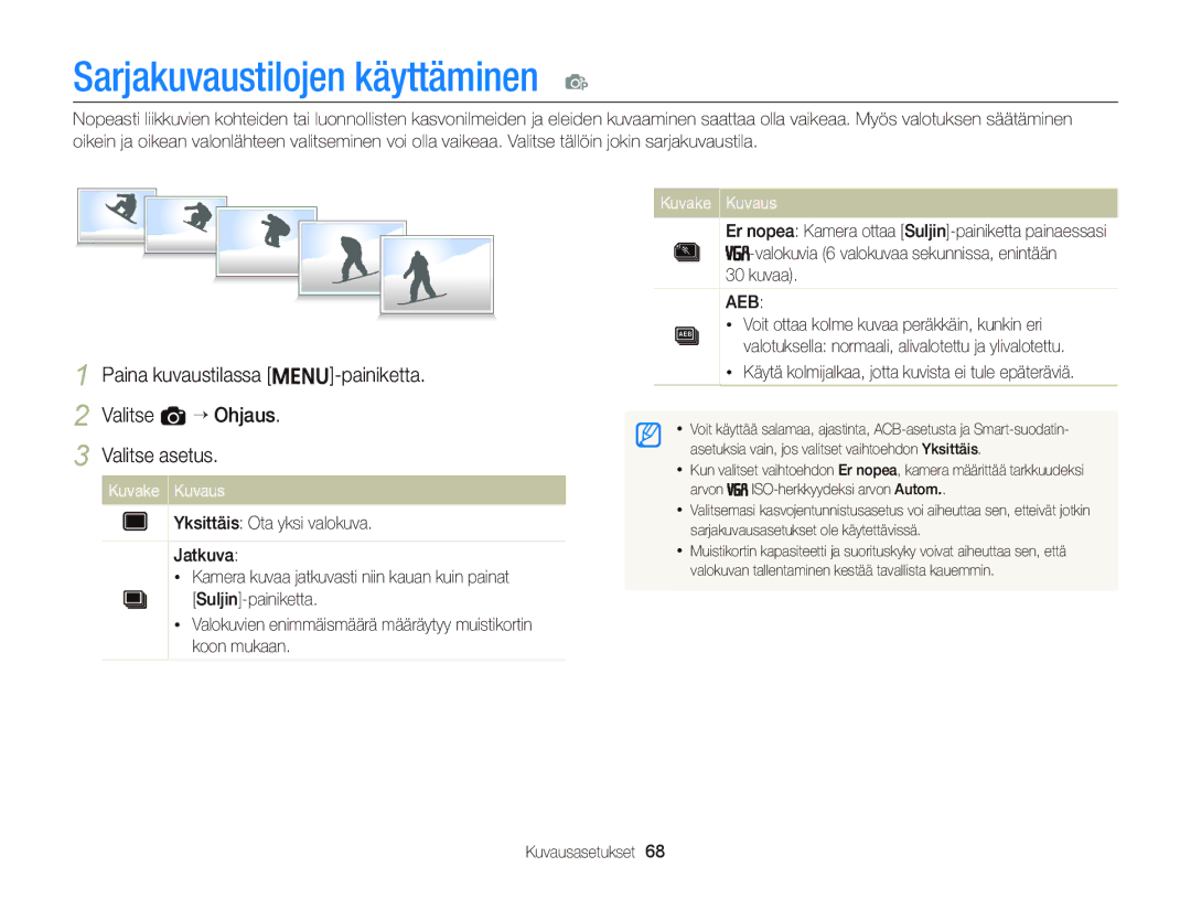 Samsung EC-ST76ZZBPRE2 manual Sarjakuvaustilojen käyttäminen p, Kuvaa, Käytä kolmijalkaa, jotta kuvista ei tule epäteräviä 