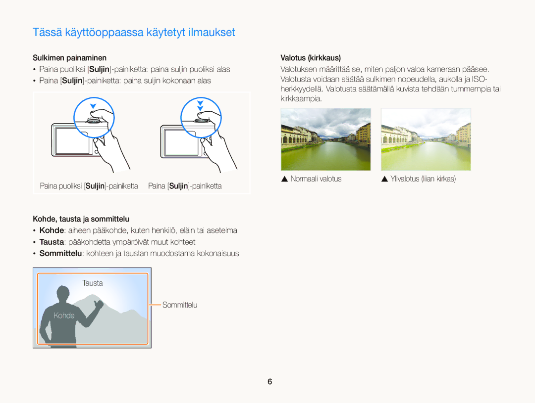 Samsung EC-ST76ZZBPSE2, EC-ST76ZZFPWE2, EC-ST76ZZBPRE2, EC-ST66ZZBPPE2 manual Tässä käyttöoppaassa käytetyt ilmaukset, Kohde 