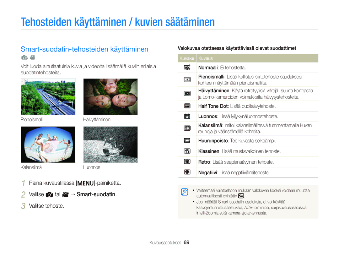 Samsung EC-ST66ZZBPPE2, EC-ST76ZZFPWE2 Tehosteiden käyttäminen / kuvien säätäminen, Smart-suodatin-tehosteiden käyttäminen 