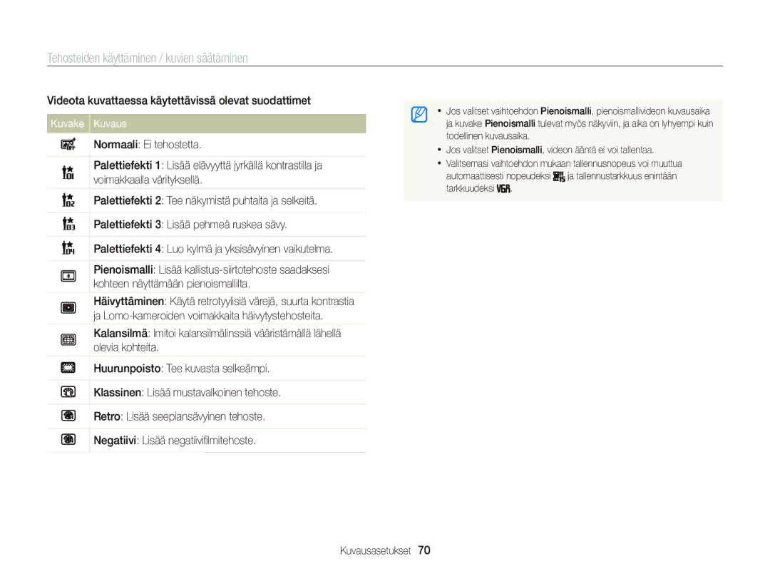 Samsung EC-ST66ZZFPPE2 Tehosteiden käyttäminen / kuvien säätäminen, Videota kuvattaessa käytettävissä olevat suodattimet 