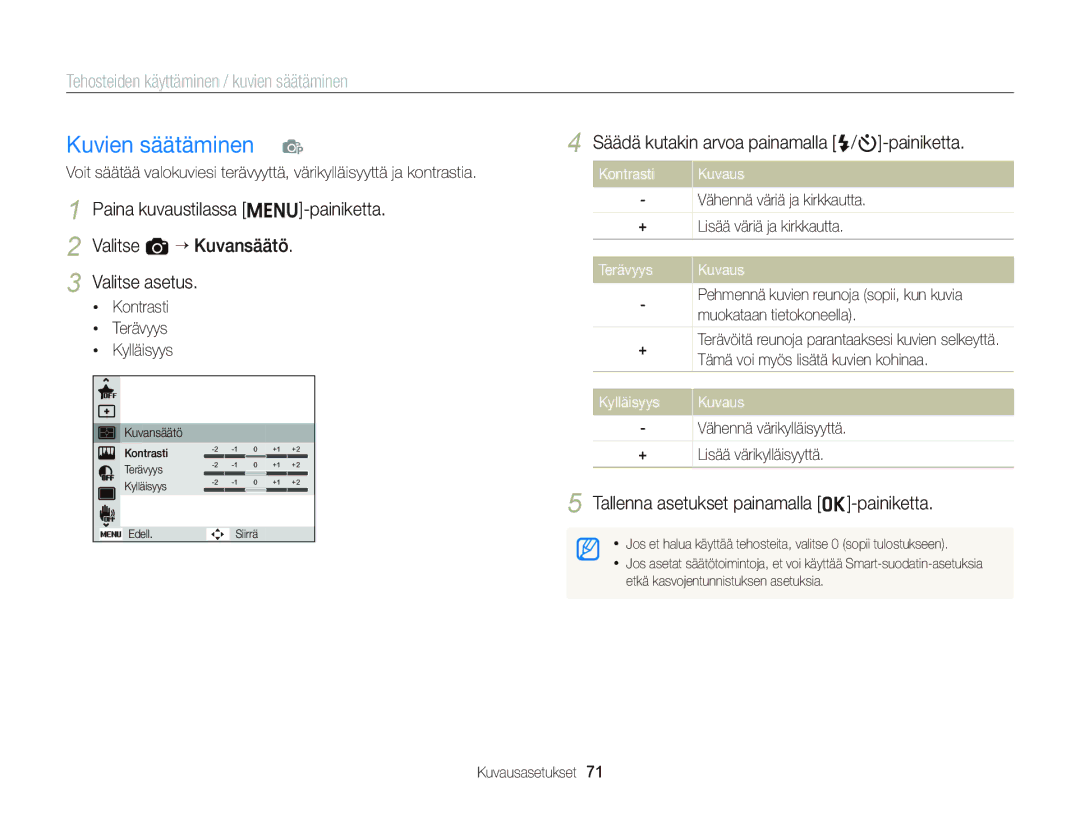 Samsung EC-ST66ZZBPRE2 manual Säädä kutakin arvoa painamalla F/t-painiketta, Kontrasti, Terävyys Kuvaus, Kylläisyys Kuvaus 