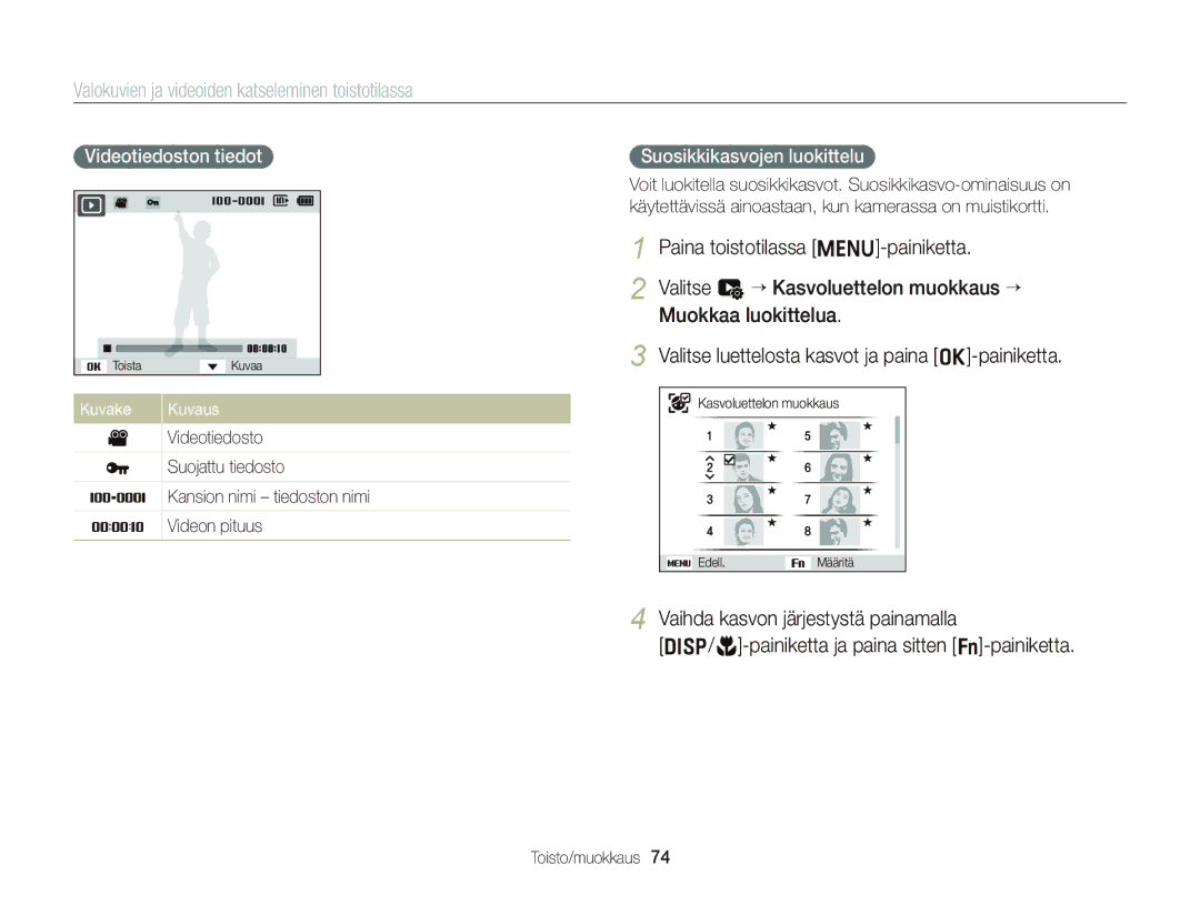 Samsung EC-ST76ZZBPSE2, EC-ST76ZZFPWE2 manual Valokuvien ja videoiden katseleminen toistotilassa, Videotiedoston tiedot 