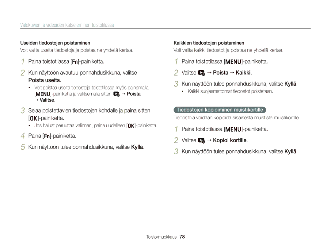 Samsung EC-ST66ZZBPBE2, EC-ST76ZZFPWE2, EC-ST76ZZBPRE2 manual Paina toistotilassa m-painiketta Valitse u “ Kopioi kortille 