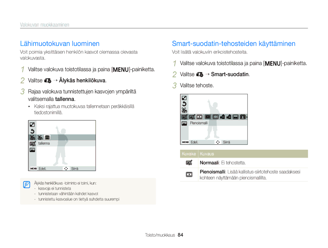 Samsung EC-ST76ZZFPWE2 manual Lähimuotokuvan luominen, Valokuvan muokkaaminen, Voit lisätä valokuviin erikoistehosteita 