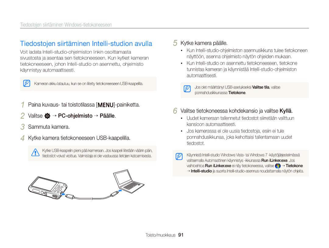 Samsung EC-ST76ZZBPSE2 Tiedostojen siirtäminen Intelli-studion avulla, Tiedostojen siirtäminen Windows-tietokoneeseen 