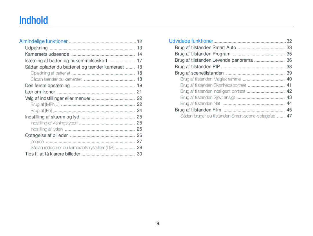 Samsung EC-ST66ZZBPUE2, EC-ST76ZZFPWE2, EC-ST76ZZBPRE2 manual Indhold, Sådan oplader du batteriet og tænder kameraet 