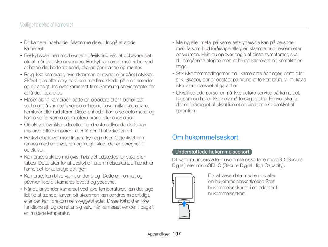 Samsung EC-ST66ZZFPRE2, EC-ST76ZZFPWE2, EC-ST76ZZBPRE2, EC-ST66ZZBPPE2 Om hukommelseskort, Understøttede hukommelseskort 