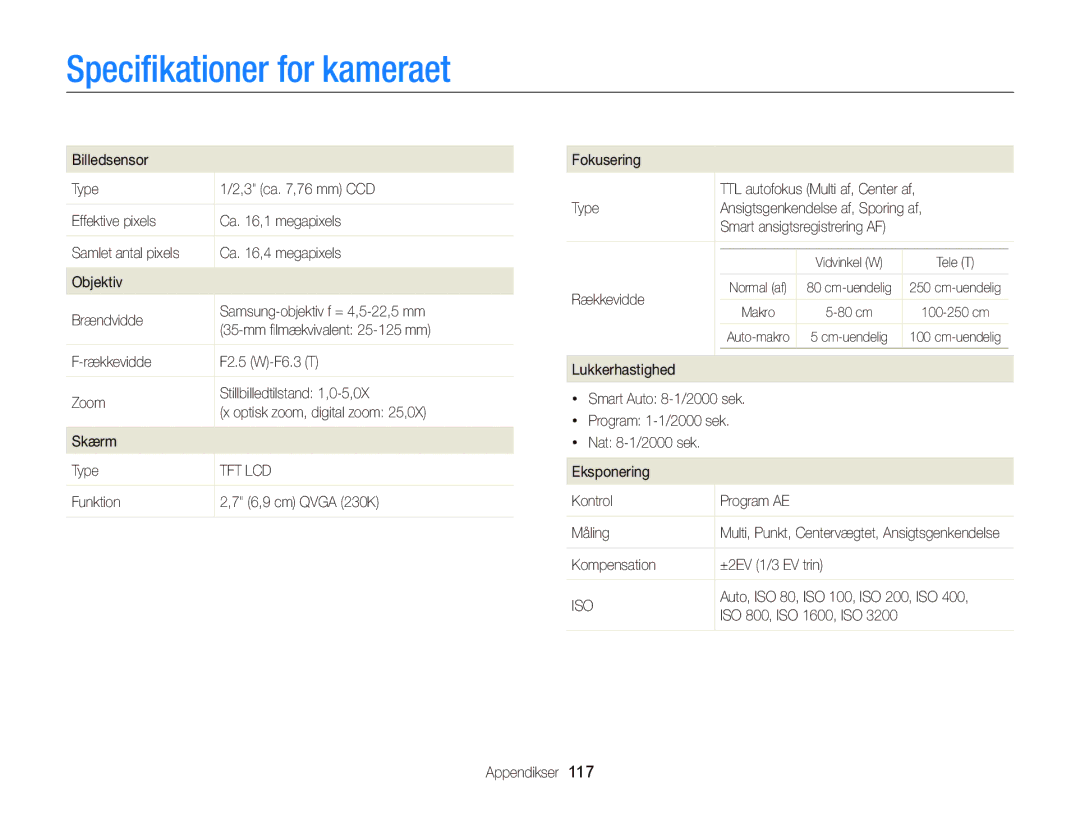 Samsung EC-ST76ZZBPLE2, EC-ST76ZZFPWE2 Speciﬁkationer for kameraet, Kompensation ±2EV 1/3 EV trin, ISO 800, ISO 1600, ISO 