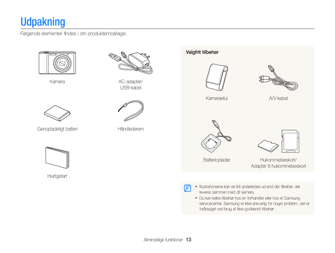 Samsung EC-ST76ZZBPWE2, EC-ST76ZZFPWE2 manual Udpakning, KameraetuiA/V-kabel Genopladeligt batteri, Almindelige funktioner 