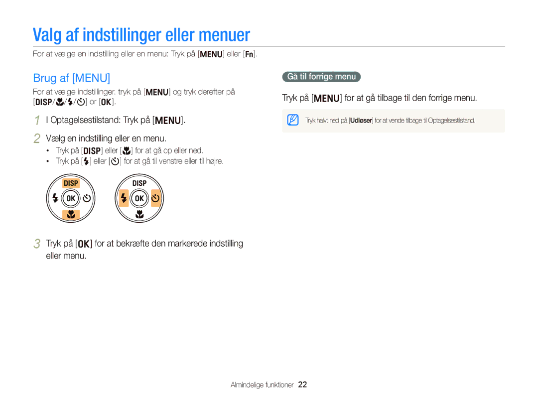 Samsung EC-ST66ZZFPRE2 Valg af indstillinger eller menuer, Brug af Menu, Tryk på m for at gå tilbage til den forrige menu 