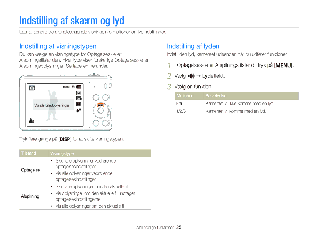 Samsung EC-ST76ZZBPBE2, EC-ST76ZZFPWE2 Indstilling af skærm og lyd, Indstilling af visningstypen, Indstilling af lyden 