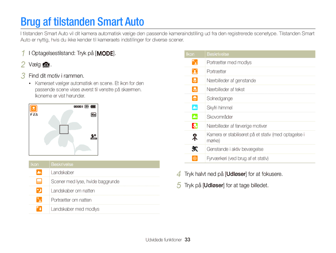 Samsung EC-ST76ZZFPWE2 manual Brug af tilstanden Smart Auto, Optagelsestilstand Tryk på M Vælg S Find dit motiv i rammen 