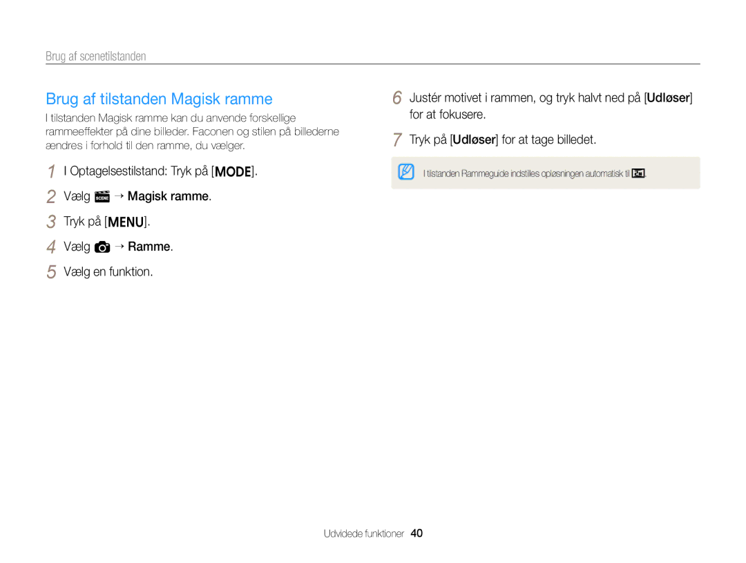 Samsung EC-ST76ZZBPSE2, EC-ST76ZZFPWE2, EC-ST76ZZBPRE2 manual Brug af tilstanden Magisk ramme, Brug af scenetilstanden 