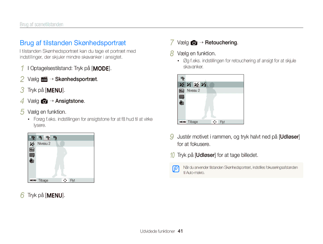 Samsung EC-ST76ZZFPLE2 manual Brug af tilstanden Skønhedsportræt, Tryk på m Vælg a “ Retouchering Vælg en funktion 