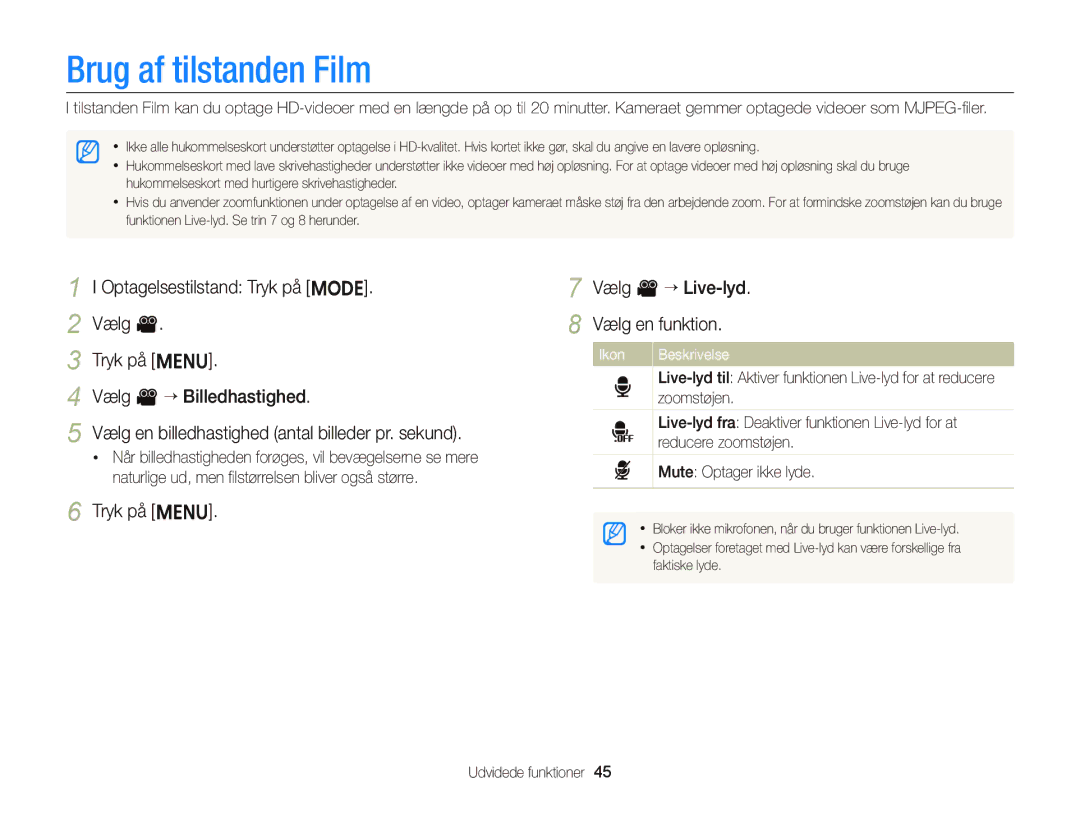 Samsung EC-ST66ZZFPSE2, EC-ST76ZZFPWE2 Brug af tilstanden Film, Tryk på m Vælg v “ Live-lyd Vælg en funktion, Zoomstøjen 