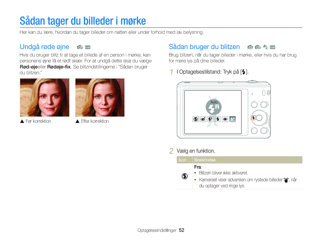 Samsung EC-ST66ZZBPPE2 manual Sådan tager du billeder i mørke, Undgå røde øjne p s, Sådan bruger du blitzen S p d s 