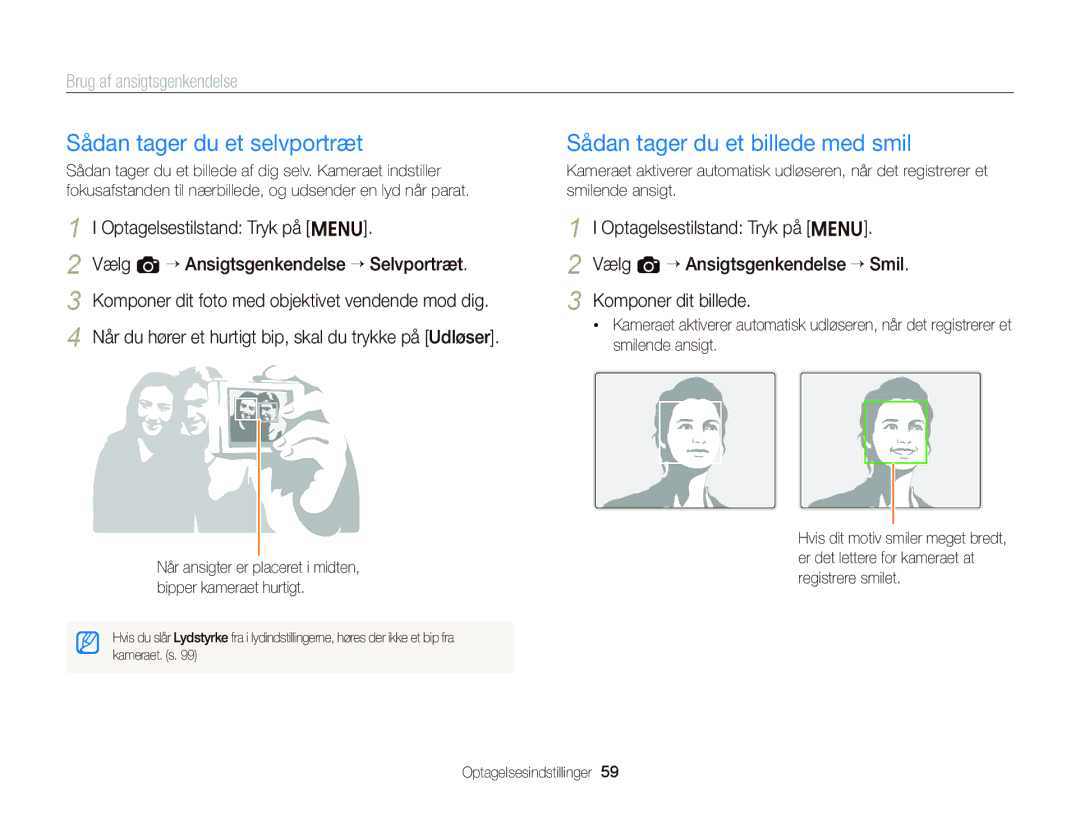 Samsung EC-ST76ZZBPBE2 manual Sådan tager du et selvportræt, Sådan tager du et billede med smil, Brug af ansigtsgenkendelse 