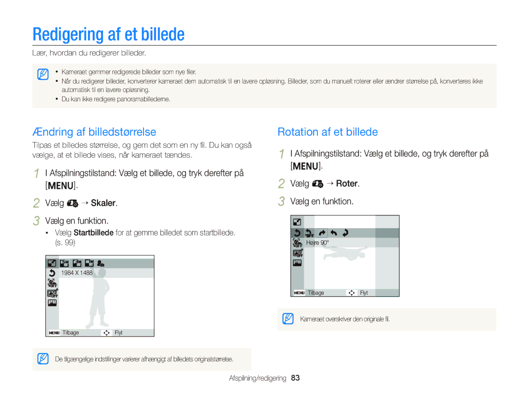 Samsung EC-ST76ZZBPLE2, EC-ST76ZZFPWE2 manual Redigering af et billede, Ændring af billedstørrelse, Rotation af et billede 