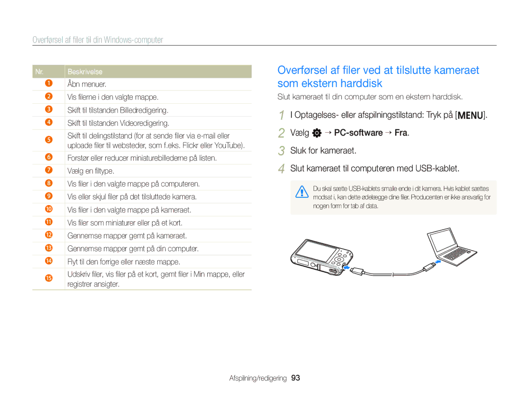 Samsung EC-ST76ZZBPBE2, EC-ST76ZZFPWE2, EC-ST76ZZBPRE2 Åbn menuer, Slut kameraet til din computer som en ekstern harddisk 