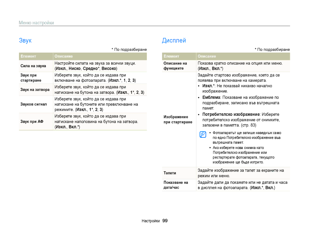 Samsung EC-ST77ZZBPLE3, EC-ST77ZZBPRE3 manual Звук, Дисплей, Меню настройки, Изкл., Ниско, Средно*, Високо, Изкл., Вкл 
