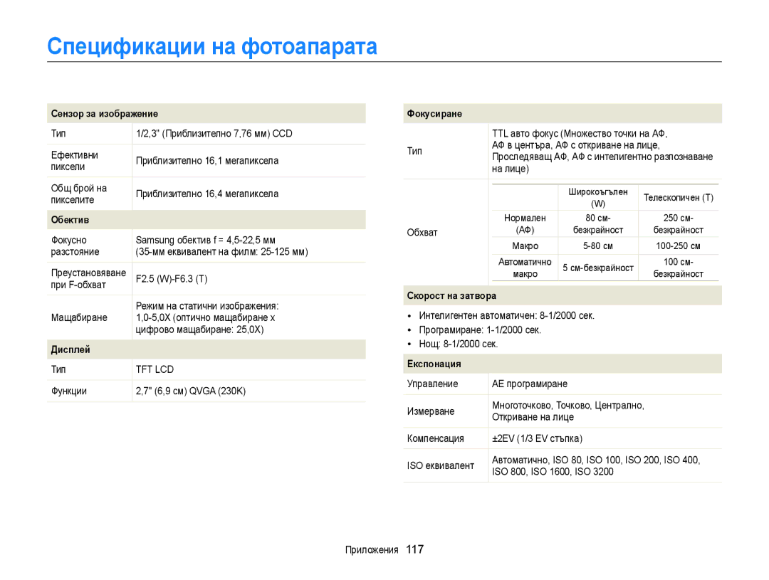 Samsung EC-ST77ZZBPSE3, EC-ST77ZZBPRE3, EC-ST77ZZBPWE3, EC-ST77ZZFPBE3, EC-ST77ZZFPWE3 manual Спецификации на фотоапарата 