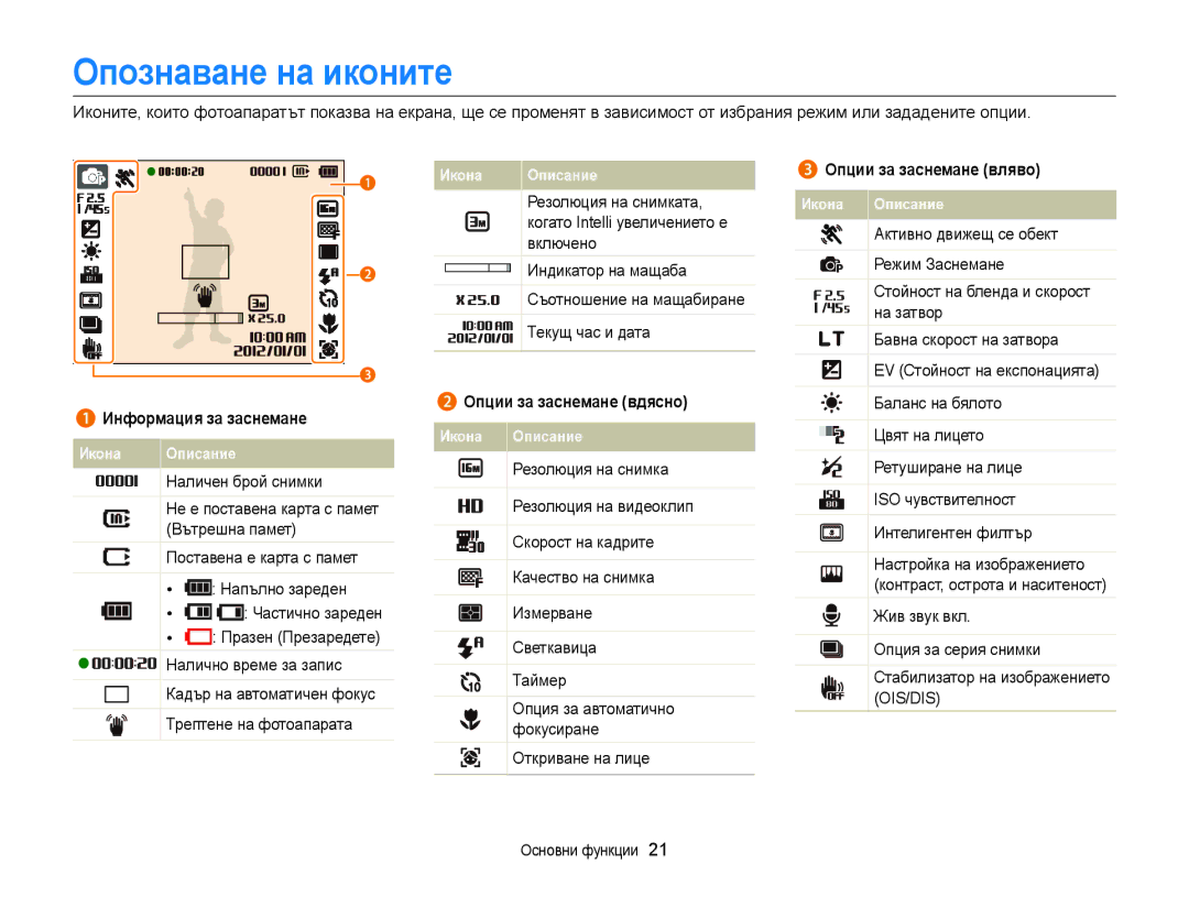 Samsung EC-ST77ZZBPSE3 Опознаване на иконите, Информация за заснемане, Опции за заснемане вдясно, Опции за заснемане вляво 