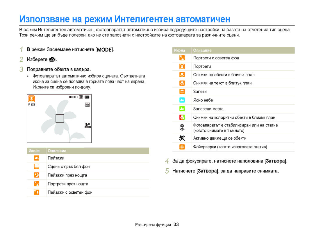 Samsung EC-ST77ZZFPBE3, EC-ST77ZZBPRE3, EC-ST77ZZBPWE3 manual Използване на режим Интелигентен автоматичен, Разширени функции 