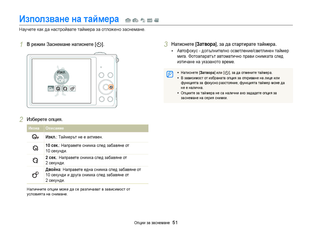 Samsung EC-ST77ZZBPLE3, EC-ST77ZZBPRE3, EC-ST77ZZBPWE3 manual Използване на таймера S p d s, Режим Заснемане натиснете t 