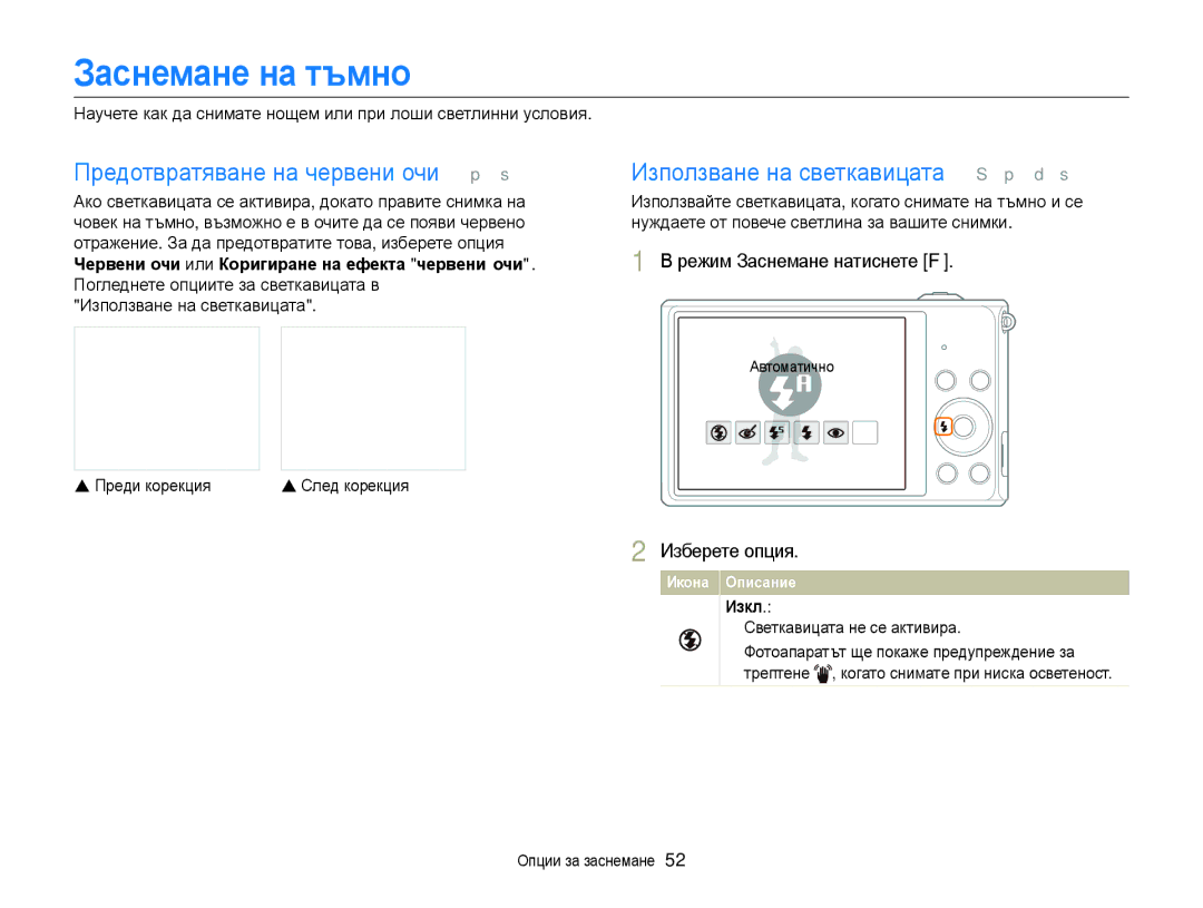 Samsung EC-ST77ZZBPBE3 Заснемане на тъмно, Режим Заснемане натиснете F, Червени очи или Коригиране на ефекта червени очи 