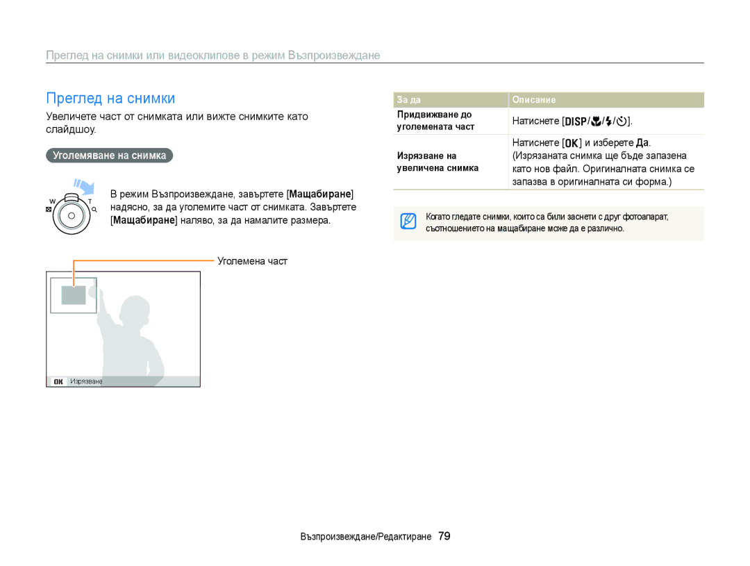 Samsung EC-ST77ZZBPRE3, EC-ST77ZZBPWE3, EC-ST77ZZFPBE3 Преглед на снимки, Уголемяване на снимка, Натиснете o и изберете Да 