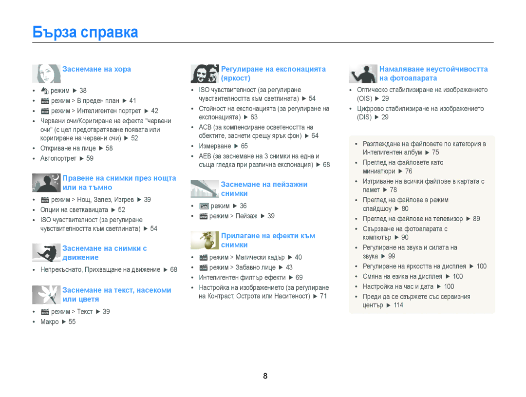 Samsung EC-ST77ZZBPWE3, EC-ST77ZZBPRE3, EC-ST77ZZFPBE3, EC-ST77ZZFPWE3, EC-ST77ZZBPLE3 manual Бърза справка, Заснемане на хора 